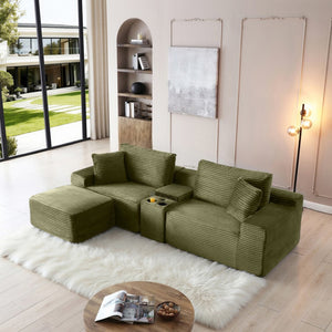 English Elm Modular Cloud Sectional Sofa with Corduroy Deep Seating Usb Ports and Storage Ottoman Green W1117S00361