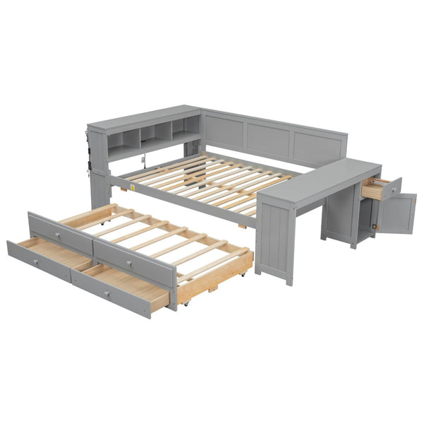 English Elm Full Size Pine Wood Platform Daybed with Led Headboard Desk Storage and Charging Gray N7090000475E-1