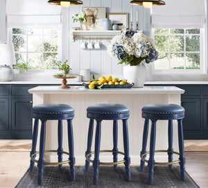 English Elm AGODY 26" Counter Height Swivel Bar Stools Set of 2 with Upholstered Seats and Sturdy Rubberwood Frame Dark Blue W2170P208094