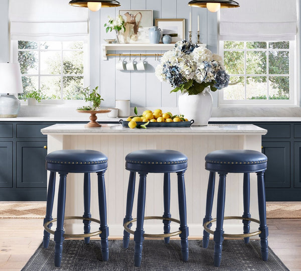 English Elm AGODY 26" Counter Height Swivel Bar Stools Set of 2 with Upholstered Seats and Sturdy Rubberwood Frame Dark Blue W2170P208094
