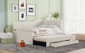 English Elm Full Upholstered Daybed with Trundle and Three Drawers, Linen-Blend Fabric, Space-Saving Guest Bed, Storage-Friendly Design Beige DL002058AAA