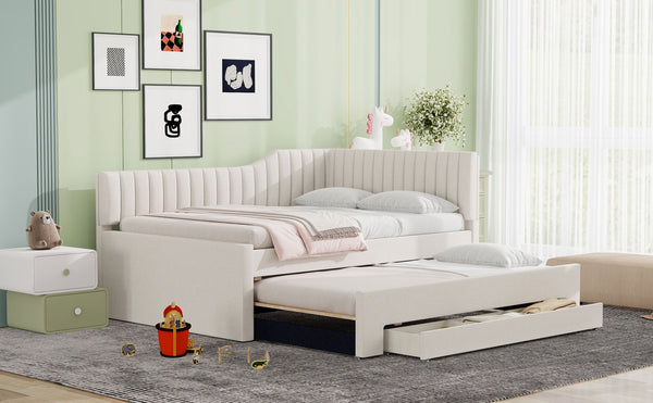 English Elm Full Upholstered Daybed with Trundle and Three Drawers, Linen-Blend Fabric, Space-Saving Guest Bed, Storage-Friendly Design Beige DL002058AAA
