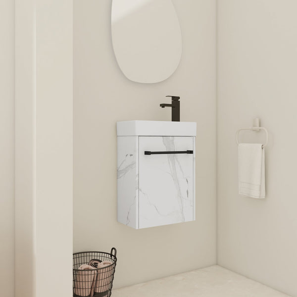 English Elm 16'' Floating Wall-Mounted Bathroom Vanity with Ceramic Basin, Soft-Close Door, Water-Resist Finish White W999P236337