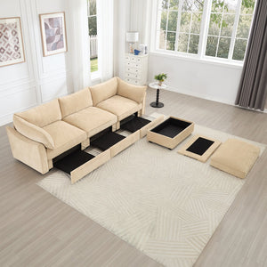 English Elm L-Shaped Modular Sofa With Movable Footstool, Cozy Crescent Armrests, Wheat Chenille Elegance W3041S00176
