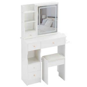 English Elm 29.2" Compact Left Drawer Vanity Table With Cushioned Stool, Led Mirror, Usb Ports & Hair Dryer Holder W3258P299616