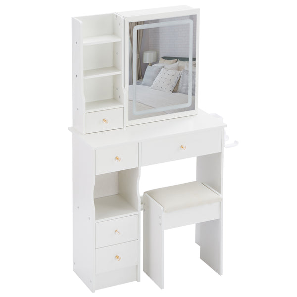 English Elm 29.2" Compact Left Drawer Vanity Table With Cushioned Stool, Led Mirror, Usb Ports & Hair Dryer Holder W3258P299616
