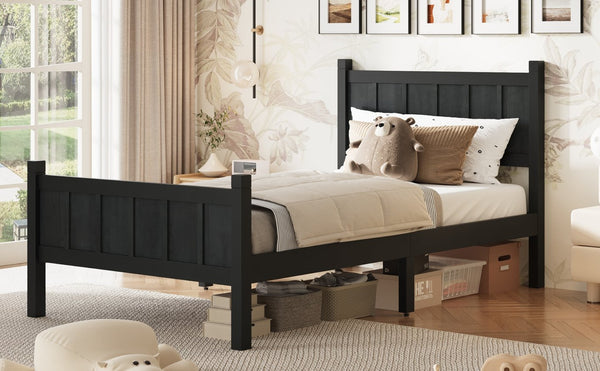 English Elm Twin Platform Bed Vertical Slat Headboard Farmhouse Shaker Wood Grain Finish Bedroom Black N733P422478E