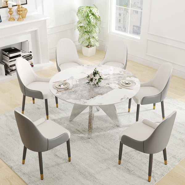 English Elm 53" Round Marble Dining Table - Sleek White Sintered Stone & Silver Stainless Base For 6 People Dining W1535S00461