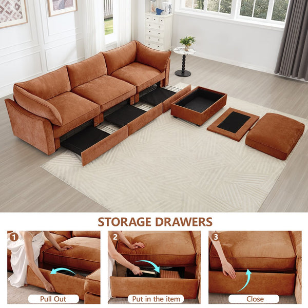 English Elm L-Shaped 3-Seater Sectional Sofa With Movable Ottoman, Chenille Orange, Smart Storage & Comfort W3041S00206