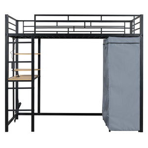 English Elm Twin Loft Bed with Built-In Desk, LED Light Strip, Power Outlet & Fabric Wardrobe for Small Rooms Black SF000178AAB