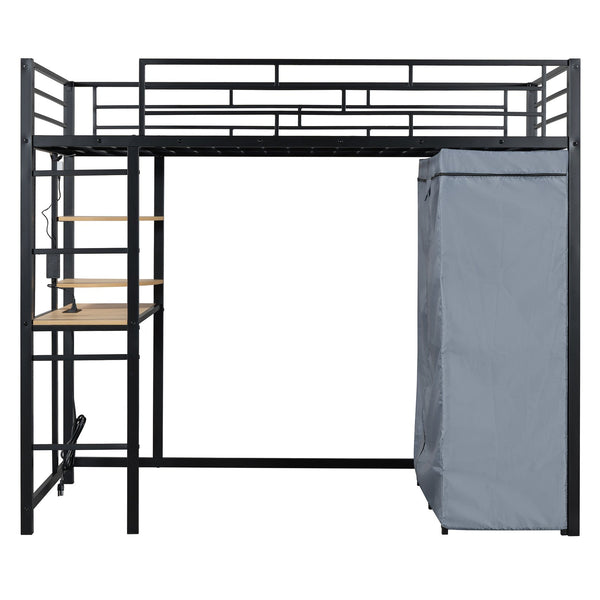 English Elm Twin Loft Bed with Built-In Desk, LED Light Strip, Power Outlet & Fabric Wardrobe for Small Rooms Black SF000178AAB