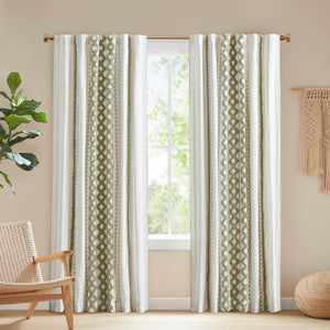 English Elm 1 Pcs Soft Green Cotton Curtain Panel, 50X95", Textured Chenille Stripe, Lined For Light Control B035P319831