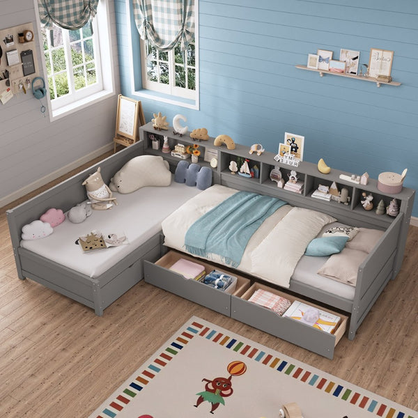 English Elm Twin Corner Daybed with Storage Drawers Bookshelf Wood L-shape Frame for Small Rooms Grey N733S369272E