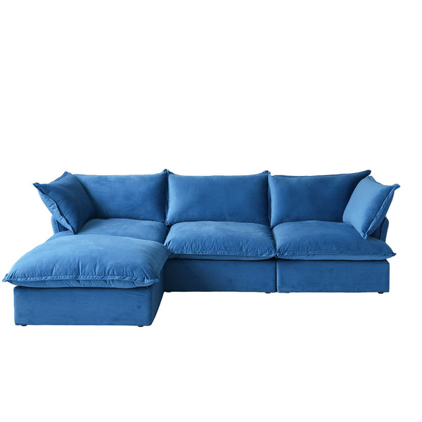 English Elm Sky Cloud Sectional Sofa with Cloud-Like Comfort, Modular L-Shaped Velvet Seating, Removable Covers, Storage Ottoman Blue B341S00022