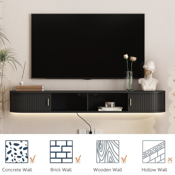 English Elm Floating Wall Mounted Media Console with Led Backlighting Mid-century Curved Design Black W1321P476924