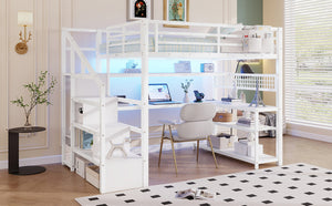 English Elm Full Size Steel Loft Bed with Staircase Storage Wardrobe Desk and Led Lighting White W2593S00078