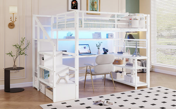 English Elm Full Size Steel Loft Bed with Staircase Storage Wardrobe Desk and Led Lighting White W2593S00078