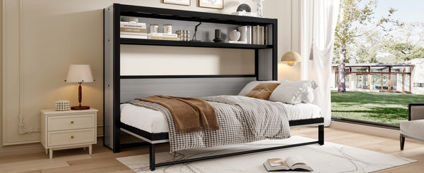 English Elm Twin Size Murphy Bed With Built-In Shelf – Space-Saving Metal Wall Bed For Efficient Living Areas W1580S00150-GIGA