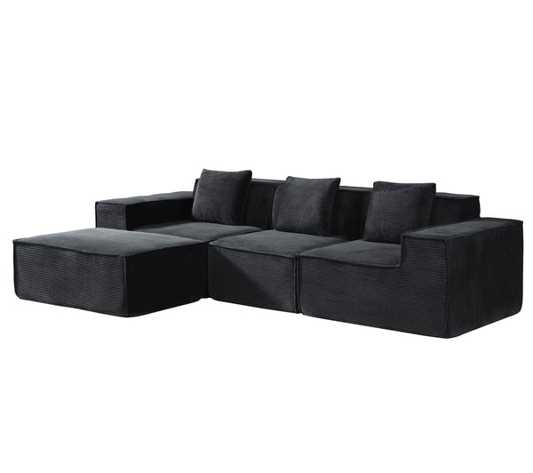 English Elm CozyForm Corduroy Convertible Sectional Sofa with Ottoman and Pillows, Modular L‑Shape Sleeper Comfort Black B2735S00031