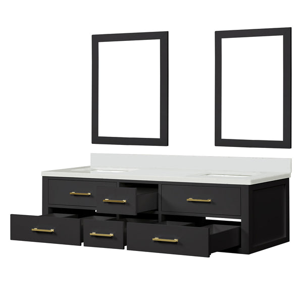 English Elm Black Double Bath Vanity Set With White Quartz Top, 72" Width, Soft-Close Doors & 34" Mirrors B2731S01575
