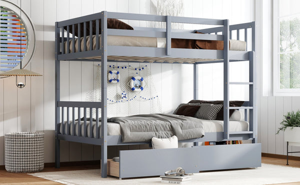 English Elm Twin Bunk Bed With Drawers - Space-Saving Convertible Twin Over Twin Design In Grey With Safety Features W504S00198-GIGA