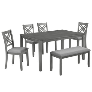 English Elm 6 Piece Rubberwood Dining Set with Bench and Linen Chairs for Transitional Kitchen W1998S00105