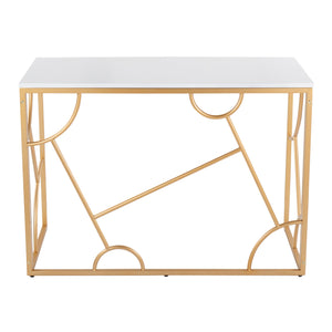 English Elm Constellation Geometric Desk with Gold Metal Frame and Wood Top — Modern Vanity or Office Statement PMID White B202P223960