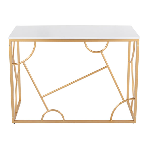 English Elm Constellation Geometric Desk with Gold Metal Frame and Wood Top — Modern Vanity or Office Statement PMID White B202P223960