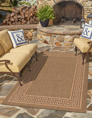 Unique Loom Outdoor Border Greek Key Machine Made Geometric Rug Brown, Light Brown/Gold 9' 0" x 12' 2"