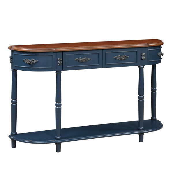 English Elm Retro Curved Wood Console Table 52" Half Moon Entry Table with Solid Pine Frame, 2 Drawers & Shelf, Distressed Finish, Easy Assembly Navy Blue W1202P178627