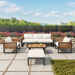 English Elm Christopher Knight Home® - Outdoor 5-piece Acacia Wood and Metal Patio Sofa Set with Water-Resistant Cushions, Industrial Style and Durable Iron Frame — Plush Comfort for Garden, Balcony, Patio Gatherings Beige,Teak+ Black N757S538856B