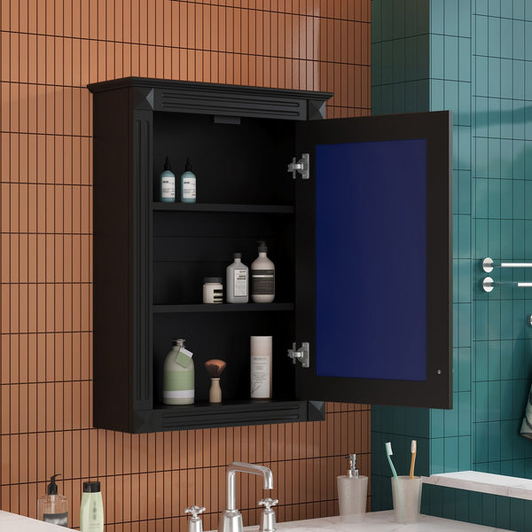 English Elm 20" Medicine Cabinet with Mirror — Space-Saving Wall-Mounted Bathroom Storage with Adjustable Shelf, Modern Carved Design Black N710P317680B