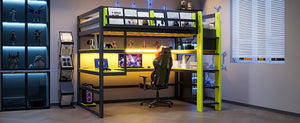 English Elm Full Size Gaming Loft Bed with Rgb Lights Wraparound Shelves and Built-in Usb Ports Green LT000299AAF