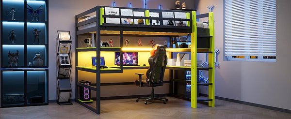 English Elm Full Size Gaming Loft Bed with Rgb Lights Wraparound Shelves and Built-in Usb Ports Green LT000299AAF