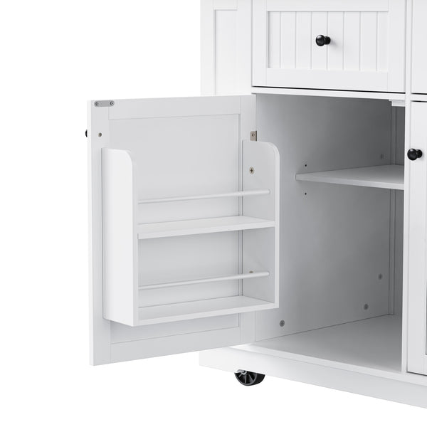 English Elm K&K 48 Inch Kitchen Island Cart with Drop Leaf, Built-In Power Station, Adjustable Shelves & Wheels White N707P257057W