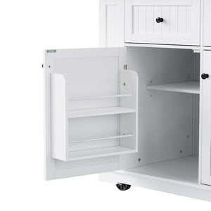 English Elm 48 Inch Rolling Kitchen Island Drop Leaf Prep Cart with Power Outlets and Open Shelving White N707S257057W