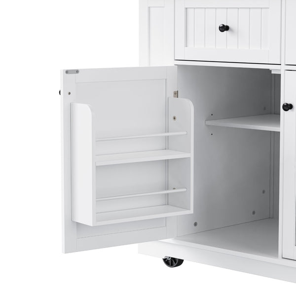 English Elm 48 Inch Rolling Kitchen Island Drop Leaf Prep Cart with Power Outlets and Open Shelving White N707S257057W