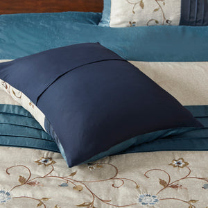 English Elm Embroidered 7-Piece Comforter Set For California King Bed - Luxurious Navy, Floral Design & Pillows B03596946
