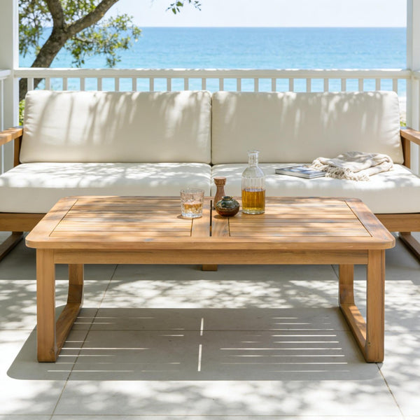 English Elm Acacia Solid Wood Outdoor Coffee Table Slatted Teak Finish Curved Legs Patio Deck N770P378689L