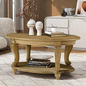 English Elm 42'' Oval Two-tier Wood Cocktail Table with Carved Floral Detail and Open Shelf W1202P318405