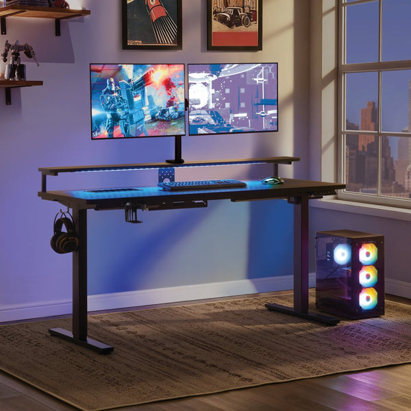 OSP Home Furnishings Primo Electric Standing Desk with Monitor Shelf Steel Frame and Built-in Cable Management PMO6024GD-BCF