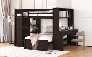 English Elm Full Twin Loft Bed with Desk Wardrobe Shelves Pine Wood Frame Kids Bedroom Espresso LT000821AAP-1