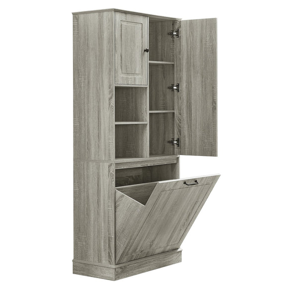 English Elm Tall Storage Cabinet with Flip-Out Basket, Adjustable Shelves & Aluminum Handles for Organized Living Oak N725P322739L