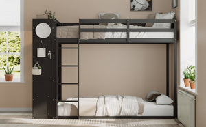 English Elm Twin Bunk Bed with Storage Drawers Hanging Rail Led Shelves and Pegboard Organizer Black LT000282AAB
