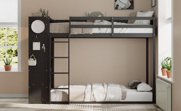 English Elm Twin Bunk Bed with Storage Drawers Hanging Rail Led Shelves and Pegboard Organizer Black LT000282AAB