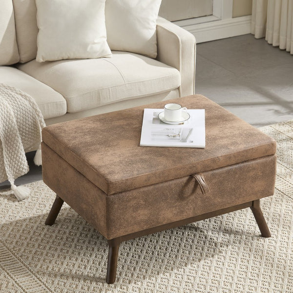 English Elm Mid-century square storage bench with solid wood frame, microfiber upholstery, versatile ottoman seat and tabletop functionality for living room and entryway appeal Coffee W1539P269650