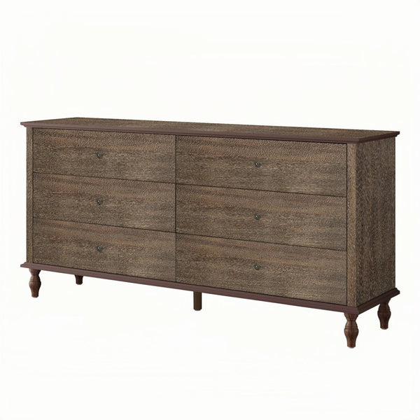 English Elm 6-drawer Wide Dresser Burnt Wood Grain Finish Copper Handles Roman Column Legs Bedroom Deep Rustic Brown W1445S00003