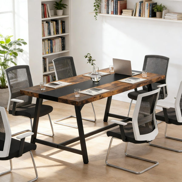 English Elm Industrial Steel Frame Conference Table Seats 8 with Color Block Surface for Offices T3971P446766