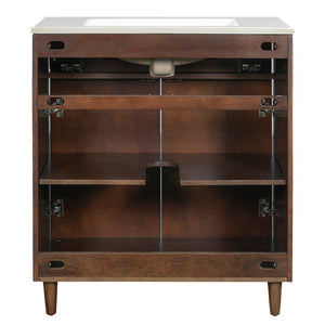 English Elm 30" Rattan Front Bathroom Vanity Solid Pine Cabinet with Ceramic Sink and Adjustable Shelf Walnut N710P293988P