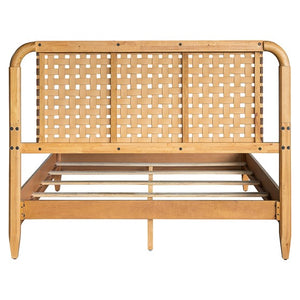 English Elm Woven Faux Leather Queen Bed with Caramel Maple Wood Frame, PU Upholstery, 6" Clearance & Sturdy Design B035S00058